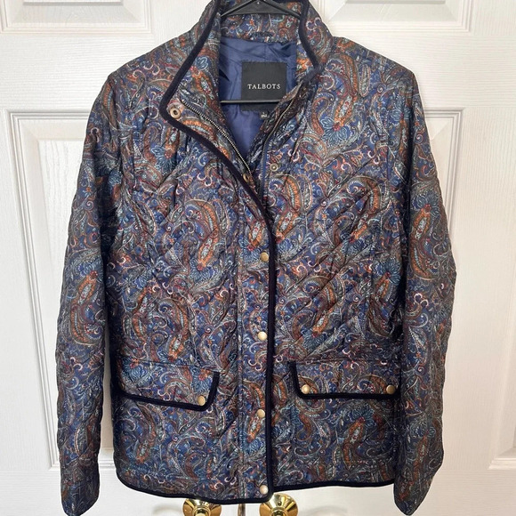 Talbots Multicolor Paisley Quilted Jacket Coat Large Zipper Snap Pockets - Picture 1 of 16